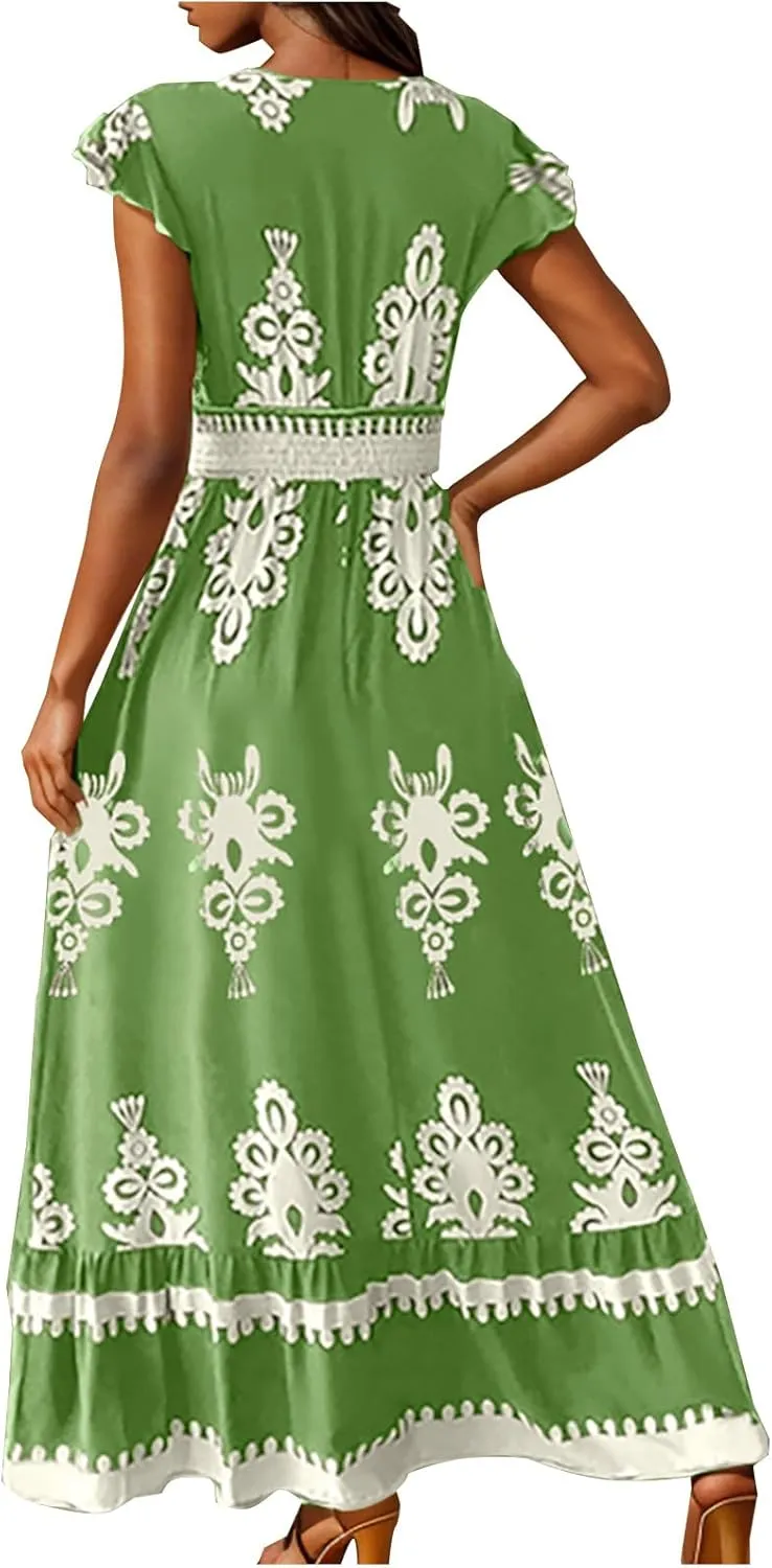 Women's Summer Boho A-Line Sundress, Short Sleeve V-Neck Flowy Casual Dress Shirred High Waist Ruffled Hem Dresses