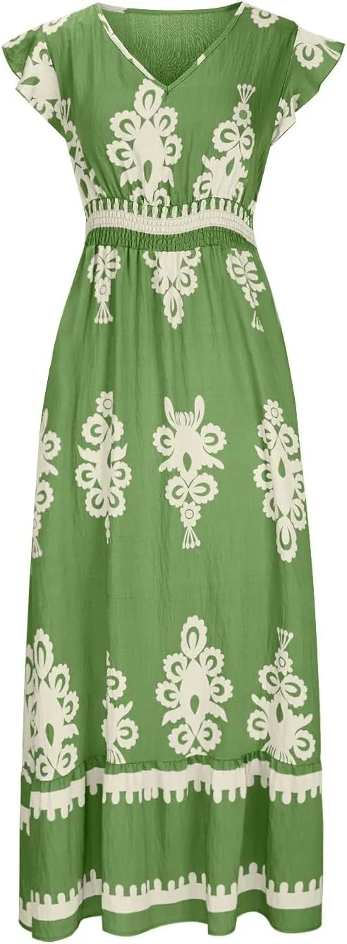 Women's Summer Boho A-Line Sundress, Short Sleeve V-Neck Flowy Casual Dress Shirred High Waist Ruffled Hem Dresses
