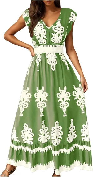 Women's Summer Boho A-Line Sundress, Short Sleeve V-Neck Flowy Casual Dress Shirred High Waist Ruffled Hem Dresses