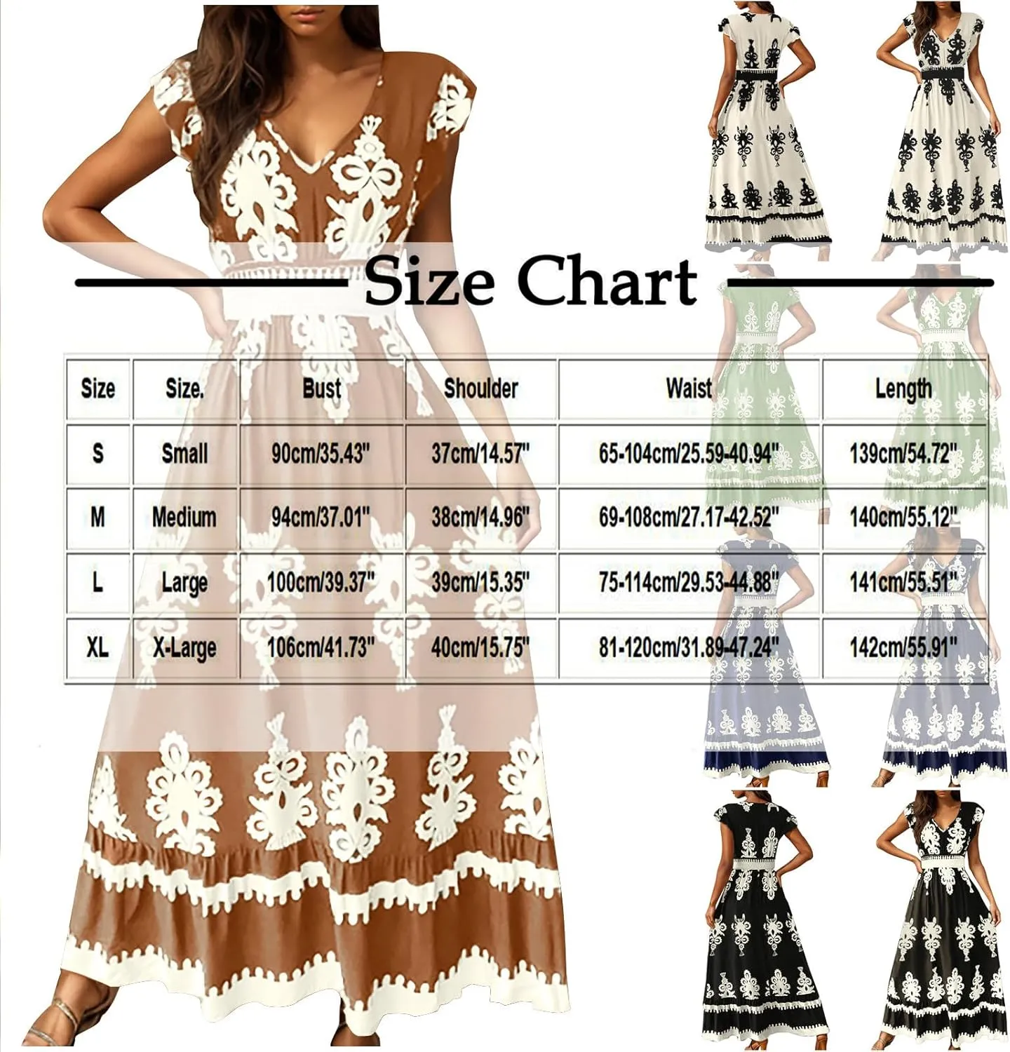 Women's Summer Boho A-Line Sundress, Short Sleeve V-Neck Flowy Casual Dress Shirred High Waist Ruffled Hem Dresses