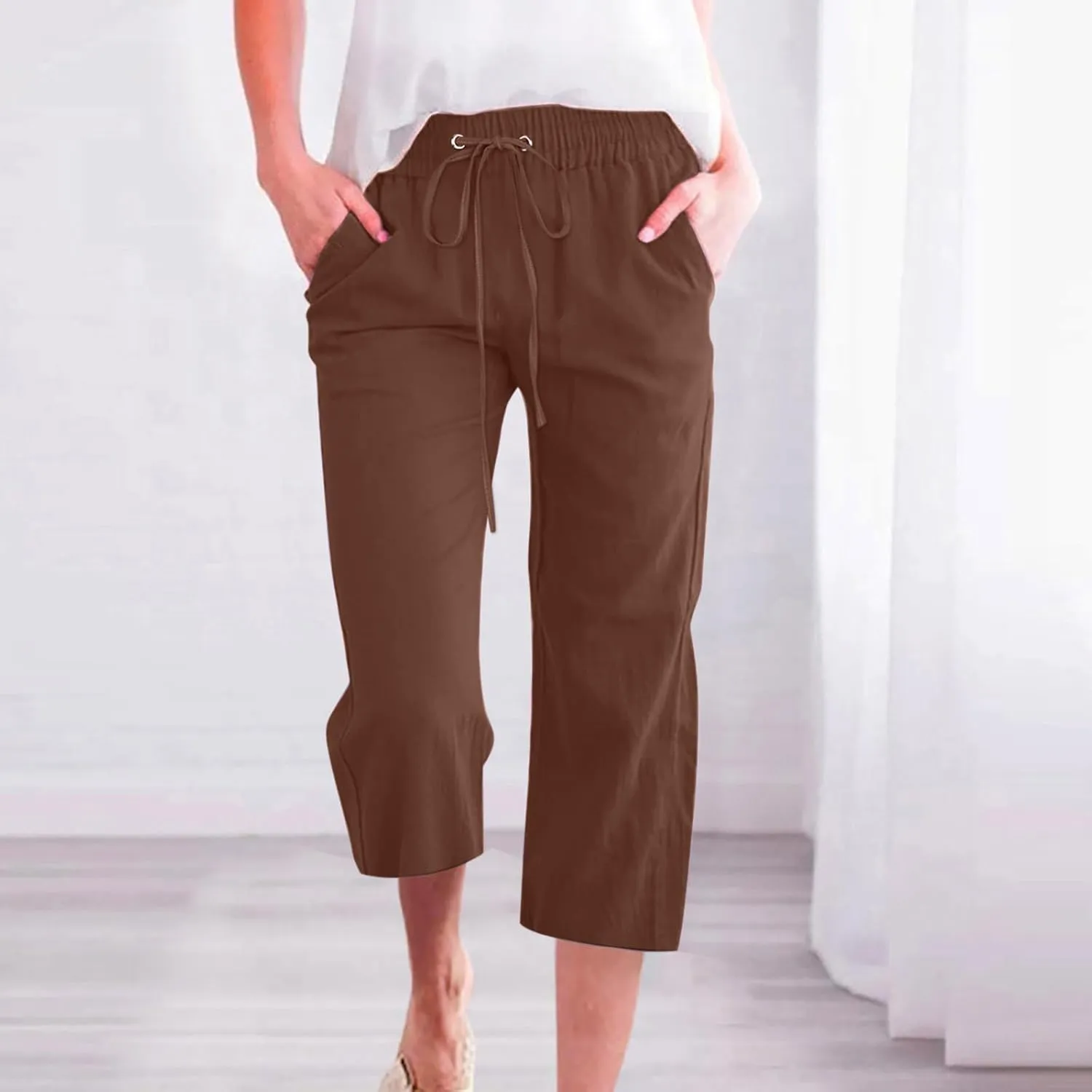 Womens Summer Capri Pants Casual Cotton Linen Tapered High Waist Drawstring Cinch Bottom Loose Trouser with Pockets