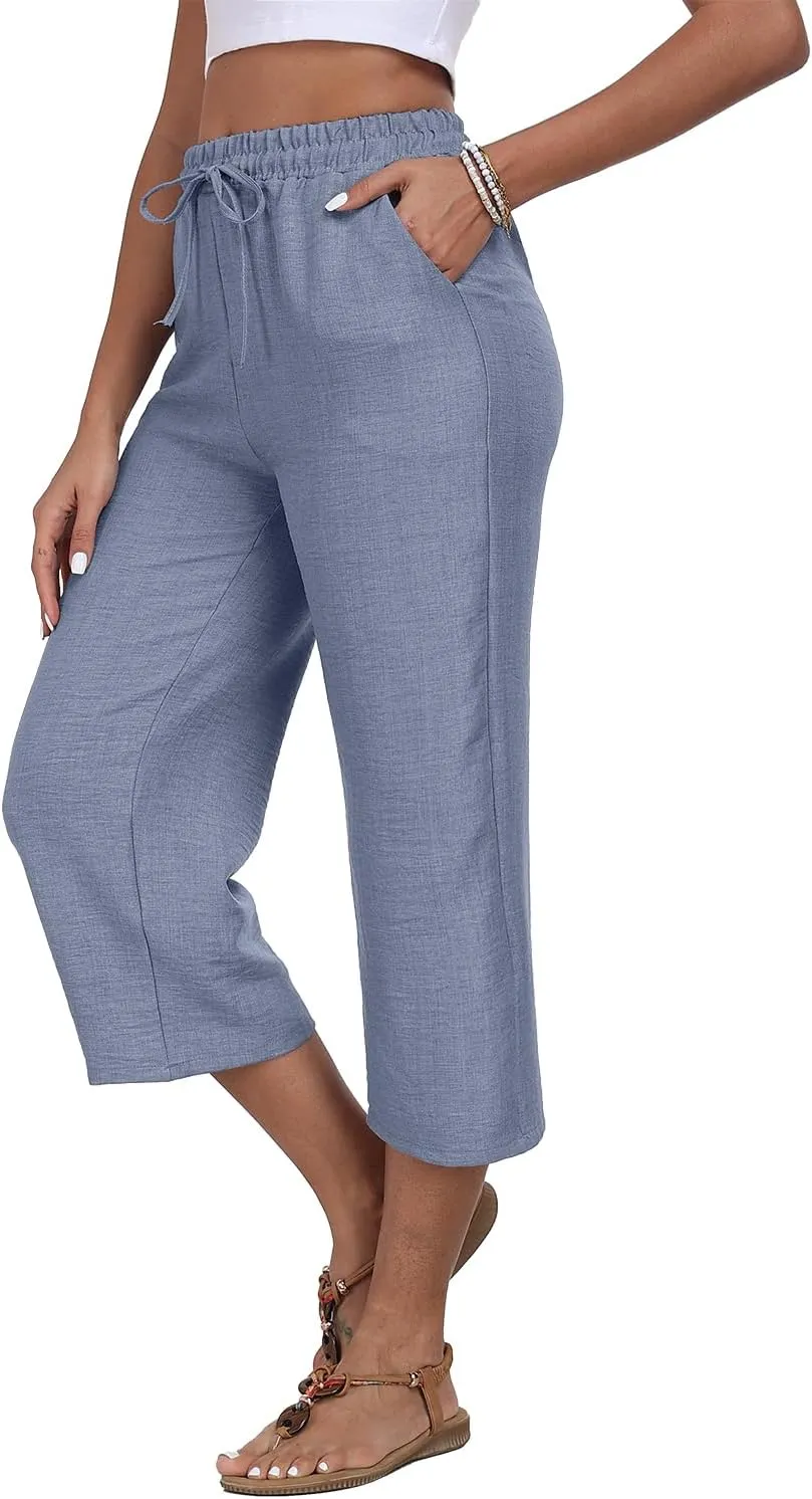 Womens Summer Capri Pants Wide Leg Elastic Waist Casual Business Pants Loose Work Lounge Trousers with Pockets
