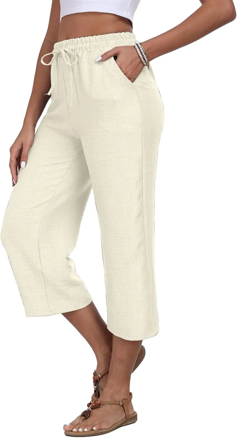 Womens Summer Capri Pants Wide Leg Elastic Waist Casual Business Pants Loose Work Lounge Trousers with Pockets