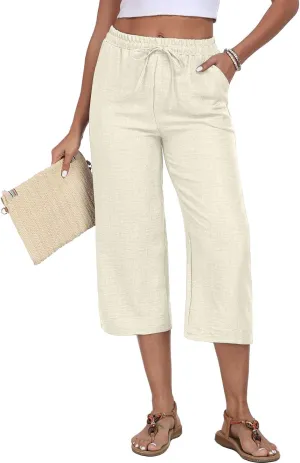Womens Summer Capri Pants Wide Leg Elastic Waist Casual Business Pants Loose Work Lounge Trousers with Pockets