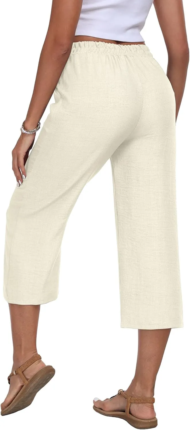Womens Summer Capri Pants Wide Leg Elastic Waist Casual Business Pants Loose Work Lounge Trousers with Pockets