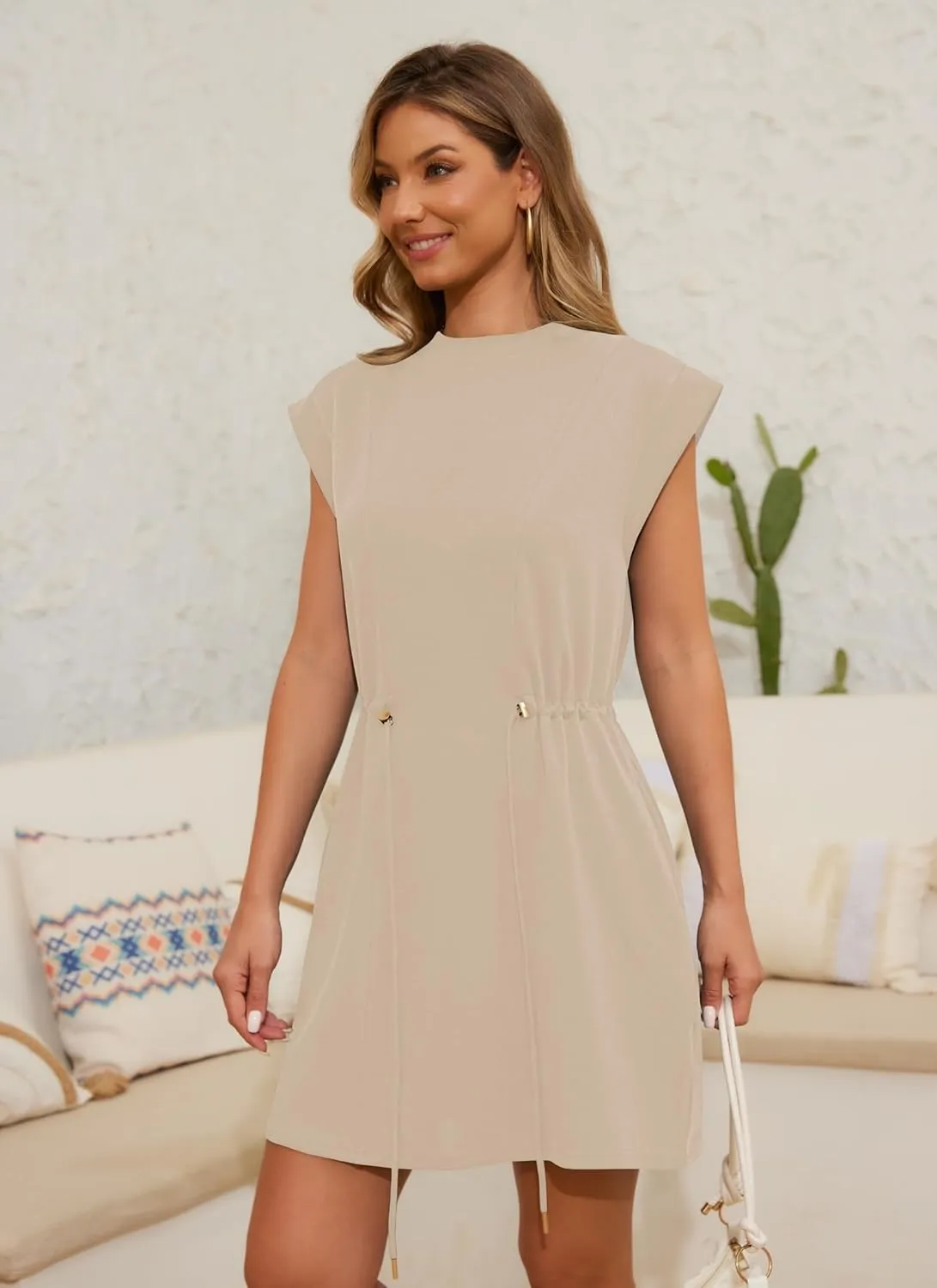 Womens Summer Dresses Cap Sleeve Crew Neck Casual Loose T Shirt Dress Drawstring Waist Dress with Pockets