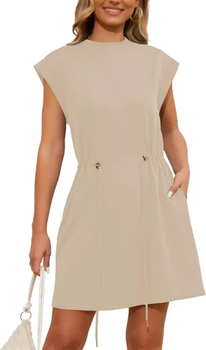 Womens Summer Dresses Cap Sleeve Crew Neck Casual Loose T Shirt Dress Drawstring Waist Dress with Pockets