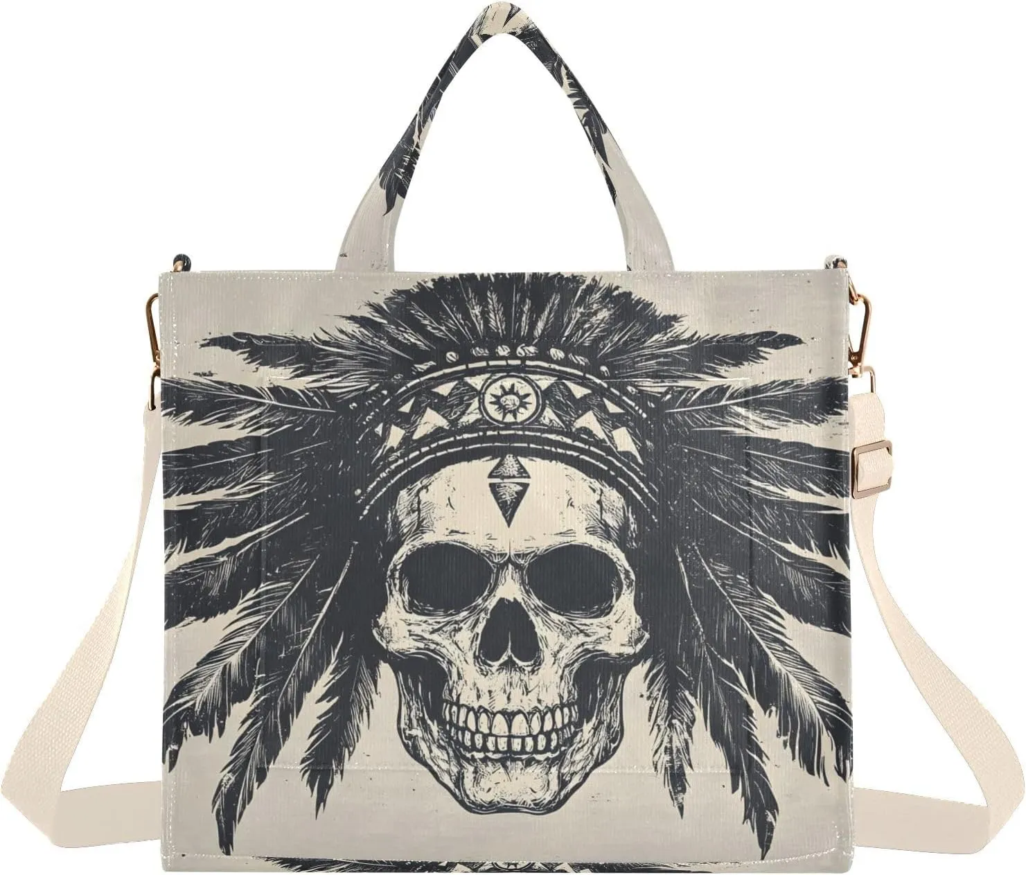 Women's Tote Bag Chief Skull Print, Corduroy Handbags Purses with Detachable Strap Small