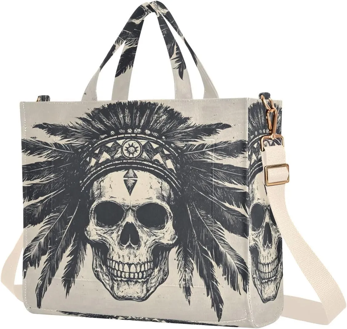 Women's Tote Bag Chief Skull Print, Corduroy Handbags Purses with Detachable Strap Small
