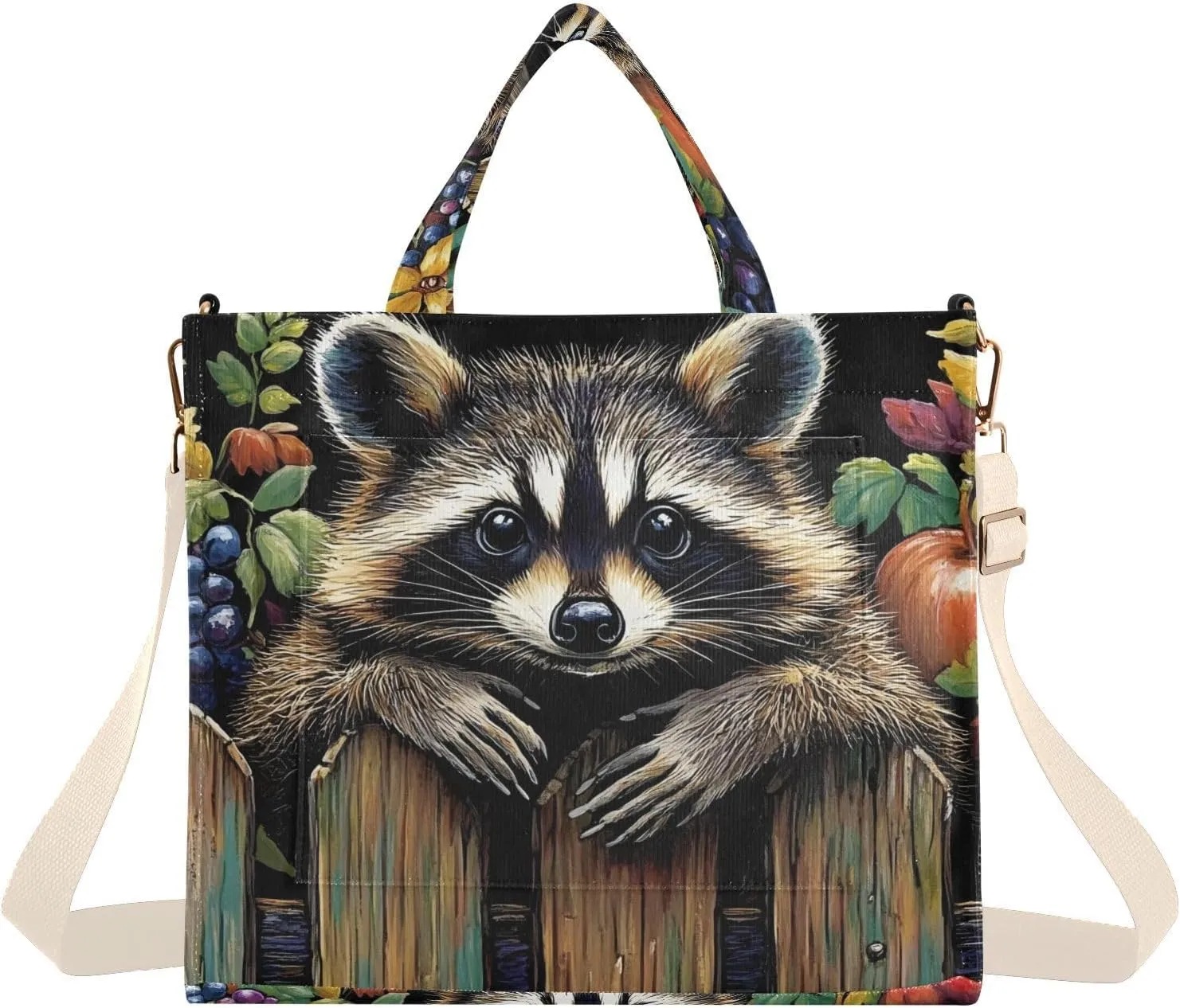 Women's Tote Bag Raccoon on Fence Print, Corduroy Handbags Purses with Detachable Strap Small