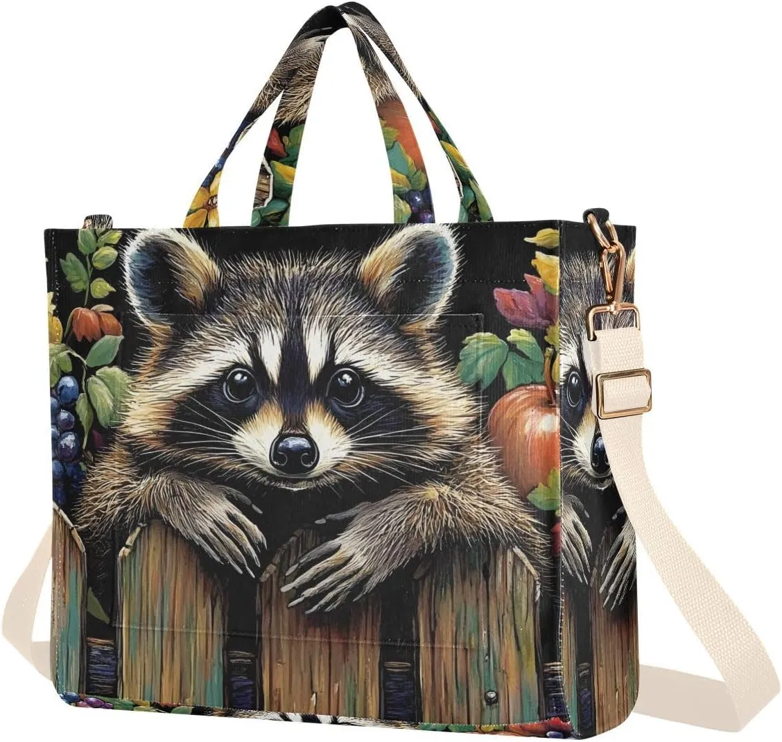 Women's Tote Bag Raccoon on Fence Print, Corduroy Handbags Purses with Detachable Strap Small