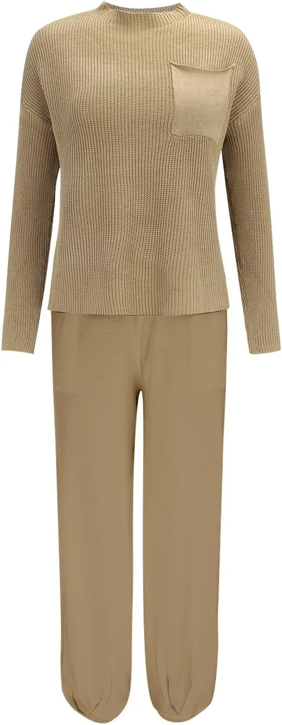 Women's Trendy Sweatsuits Chest Pocket Knit Long Sleeve Pullover Sweater and Jogger Pants Sets Casual Two Piece Lounge Outfit