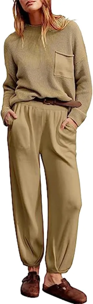 Women's Trendy Sweatsuits Chest Pocket Knit Long Sleeve Pullover Sweater and Jogger Pants Sets Casual Two Piece Lounge Outfit