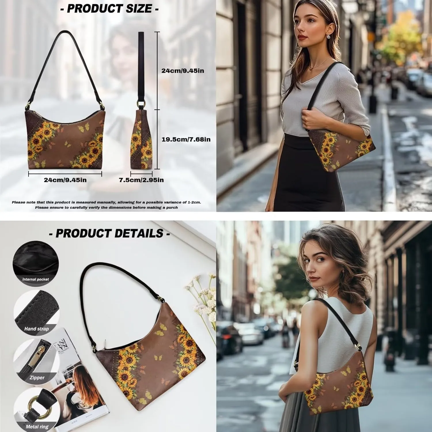 Womens Underarm Shoulder Bag with Wallet Set Brown Under Arm Purses Crescent Top Handle Purse for Date Shopping