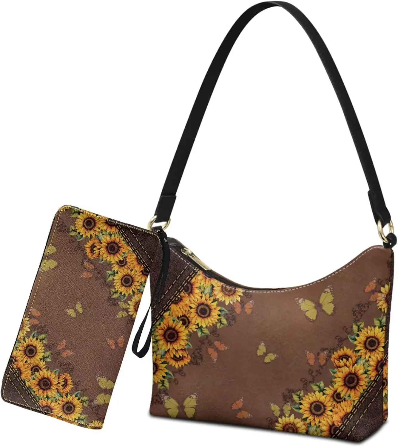 Womens Underarm Shoulder Bag with Wallet Set Brown Under Arm Purses Crescent Top Handle Purse for Date Shopping