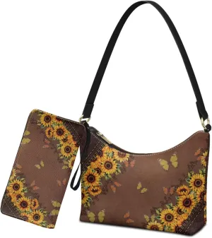 Womens Underarm Shoulder Bag with Wallet Set Brown Under Arm Purses Crescent Top Handle Purse for Date Shopping