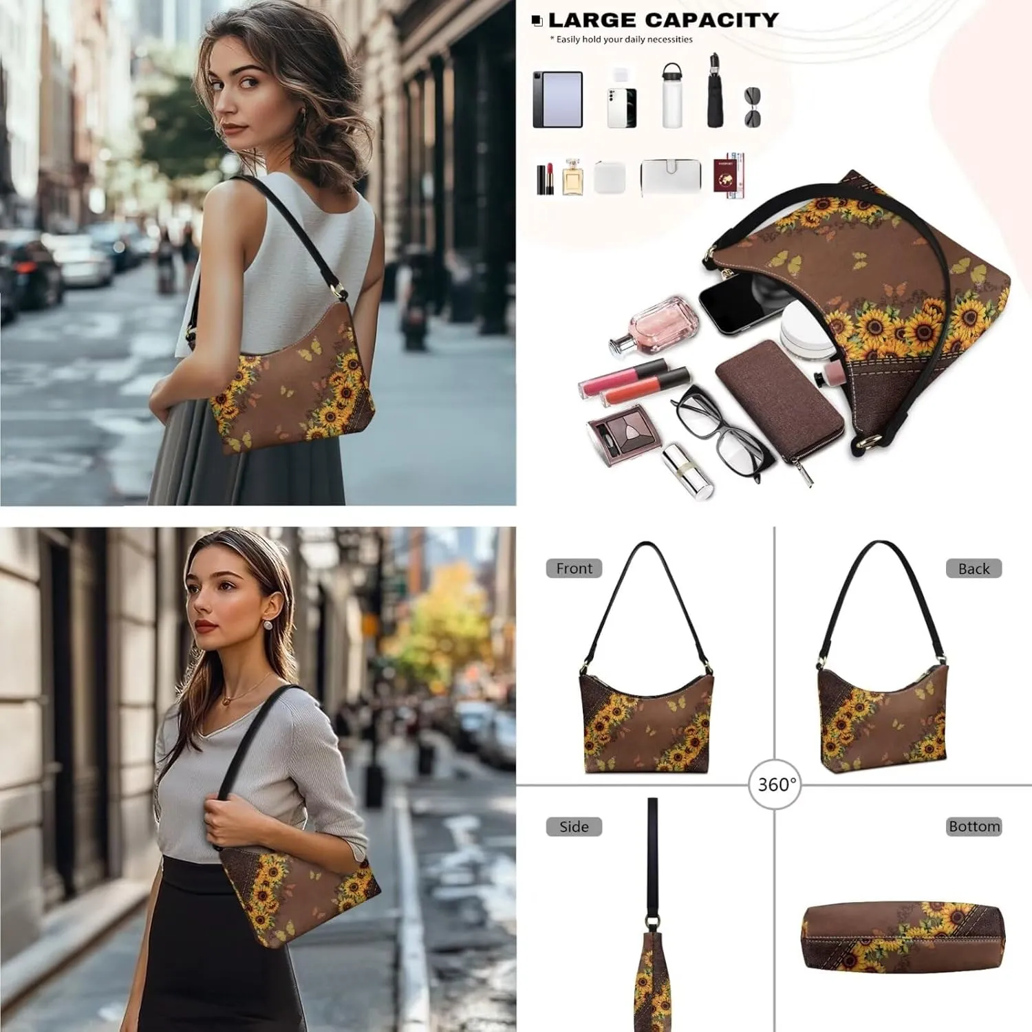 Womens Underarm Shoulder Bag with Wallet Set Brown Under Arm Purses Crescent Top Handle Purse for Date Shopping