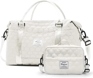 Womens Weekender Gym Duffel Bags White Cute Travel Tote Bag with Toiletry Bag Carry On Bag Overnight Bag with Wet Pocket Hospital Bag for Labor and Delivery