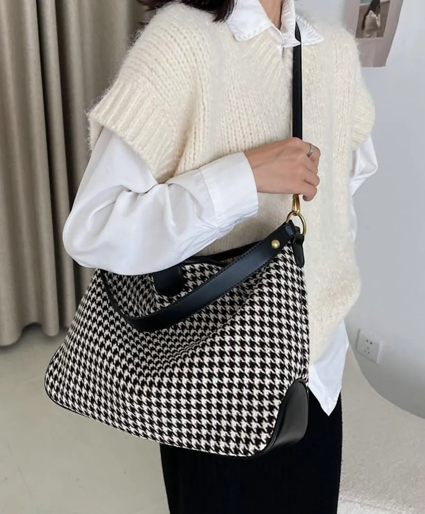 Women's Woven Shoulder Crossbody Bag Fashion Checkered Large Totes Casual Handbag Top Handle Purse