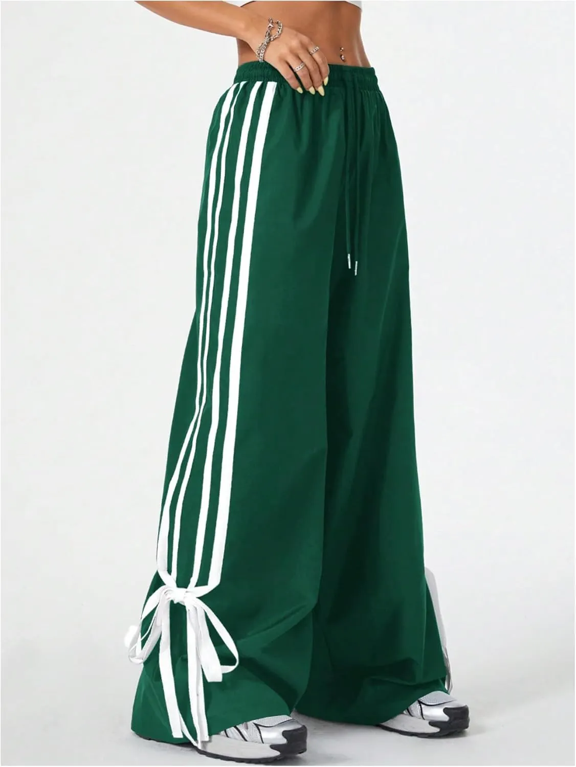 Women's Y2K Baggy Bow Wide Leg Pants Striped Track Elastic Waist Long Sweatpants Parachute Pants