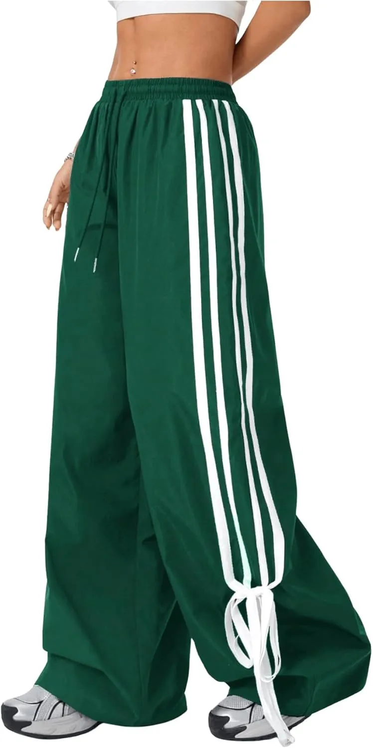 Women's Y2K Baggy Bow Wide Leg Pants Striped Track Elastic Waist Long Sweatpants Parachute Pants