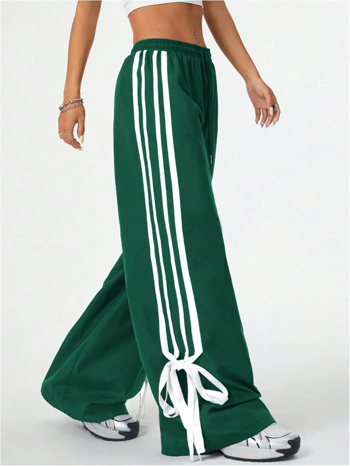 Women's Y2K Baggy Bow Wide Leg Pants Striped Track Elastic Waist Long Sweatpants Parachute Pants