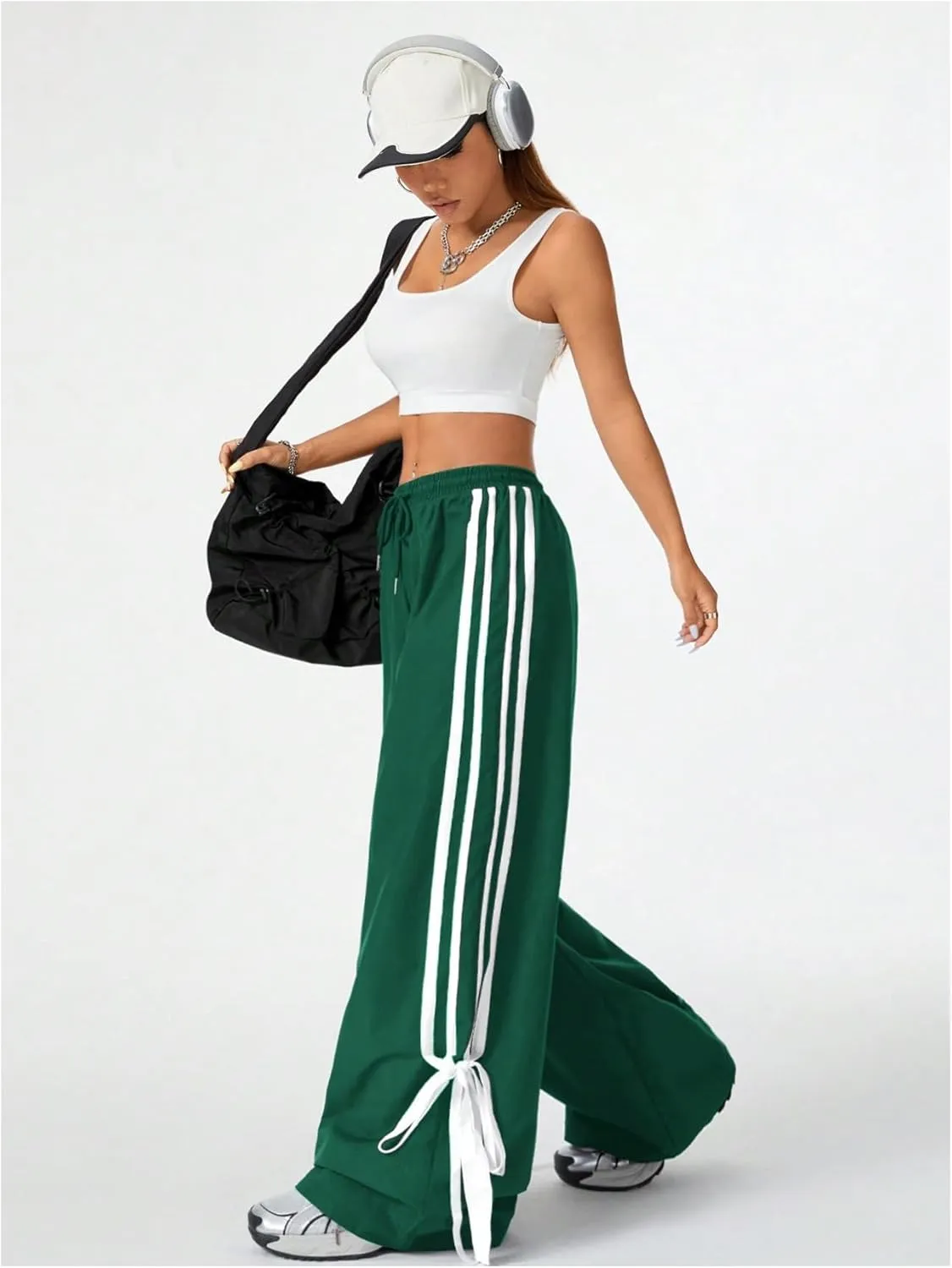 Women's Y2K Baggy Bow Wide Leg Pants Striped Track Elastic Waist Long Sweatpants Parachute Pants