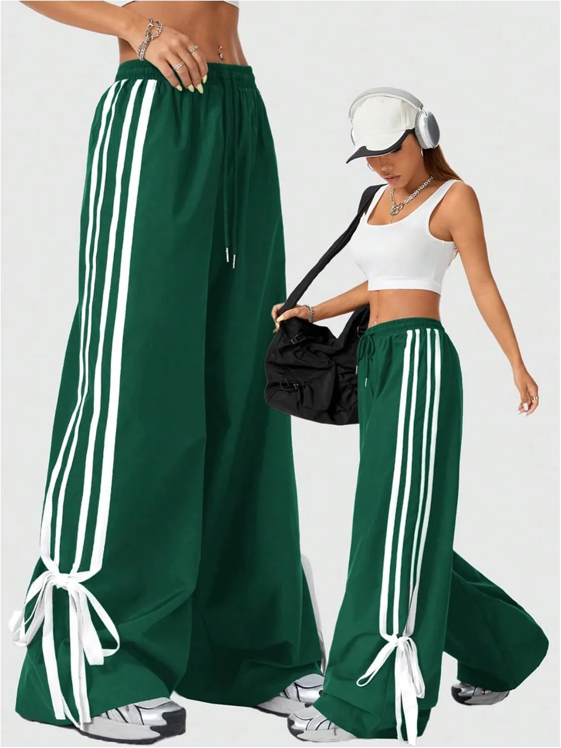 Women's Y2K Baggy Bow Wide Leg Pants Striped Track Elastic Waist Long Sweatpants Parachute Pants
