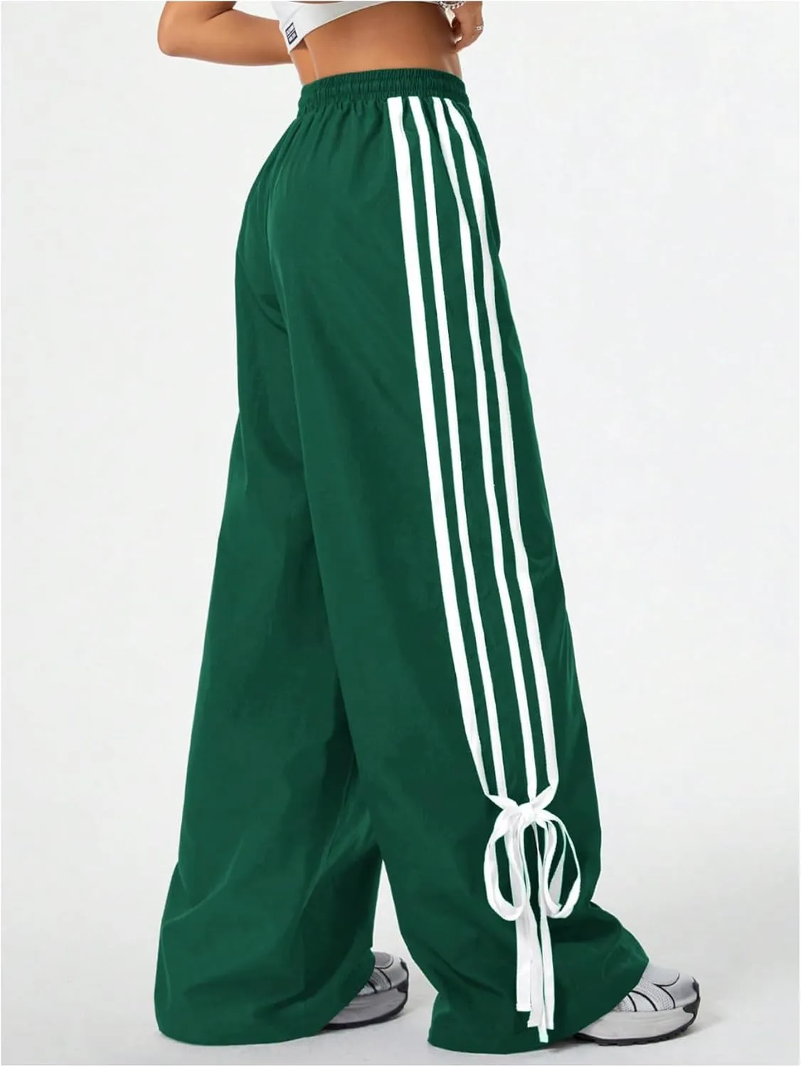 Women's Y2K Baggy Bow Wide Leg Pants Striped Track Elastic Waist Long Sweatpants Parachute Pants