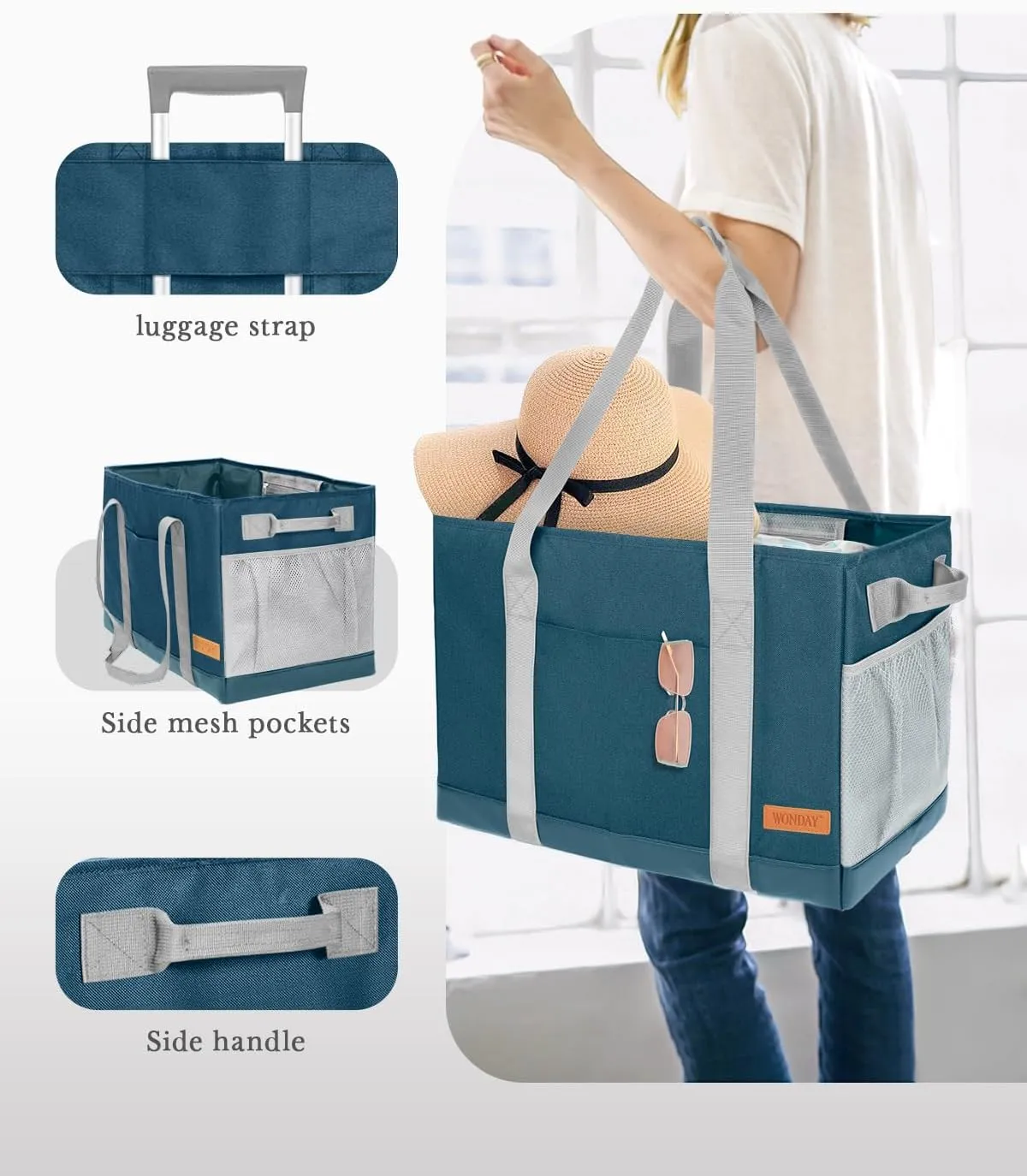 WONDAY Standing Extra Large Reusable Grocery Bag Carrier with Handle, Thirty One Utility Tote Foldable for Shopping and Beach