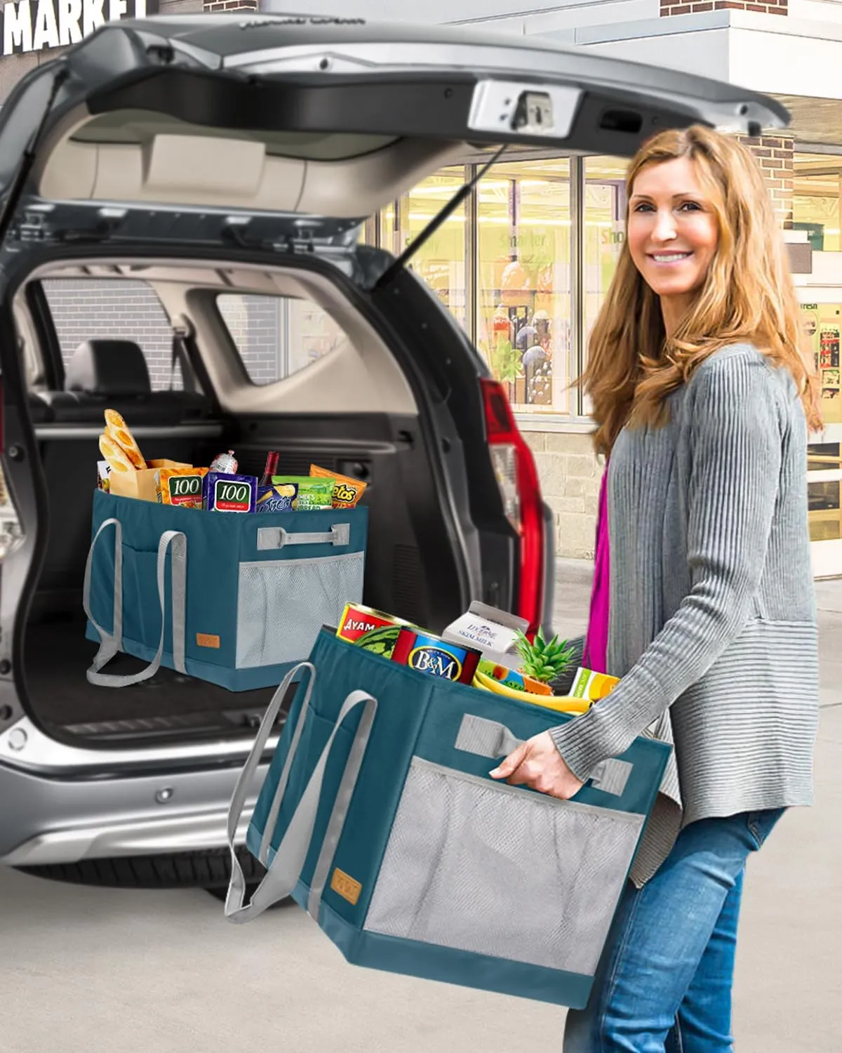 WONDAY Standing Extra Large Reusable Grocery Bag Carrier with Handle, Thirty One Utility Tote Foldable for Shopping and Beach