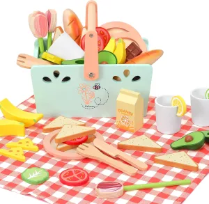 Wooden Toy Picnic Playset, 31 Pcs Wooden Play Food Sets Sandwich Stacking Toys for Kids Pretend Play Cutting Food Toys Toddlers Play Kitchen Accessories Gift for Girls Boys Age 3 