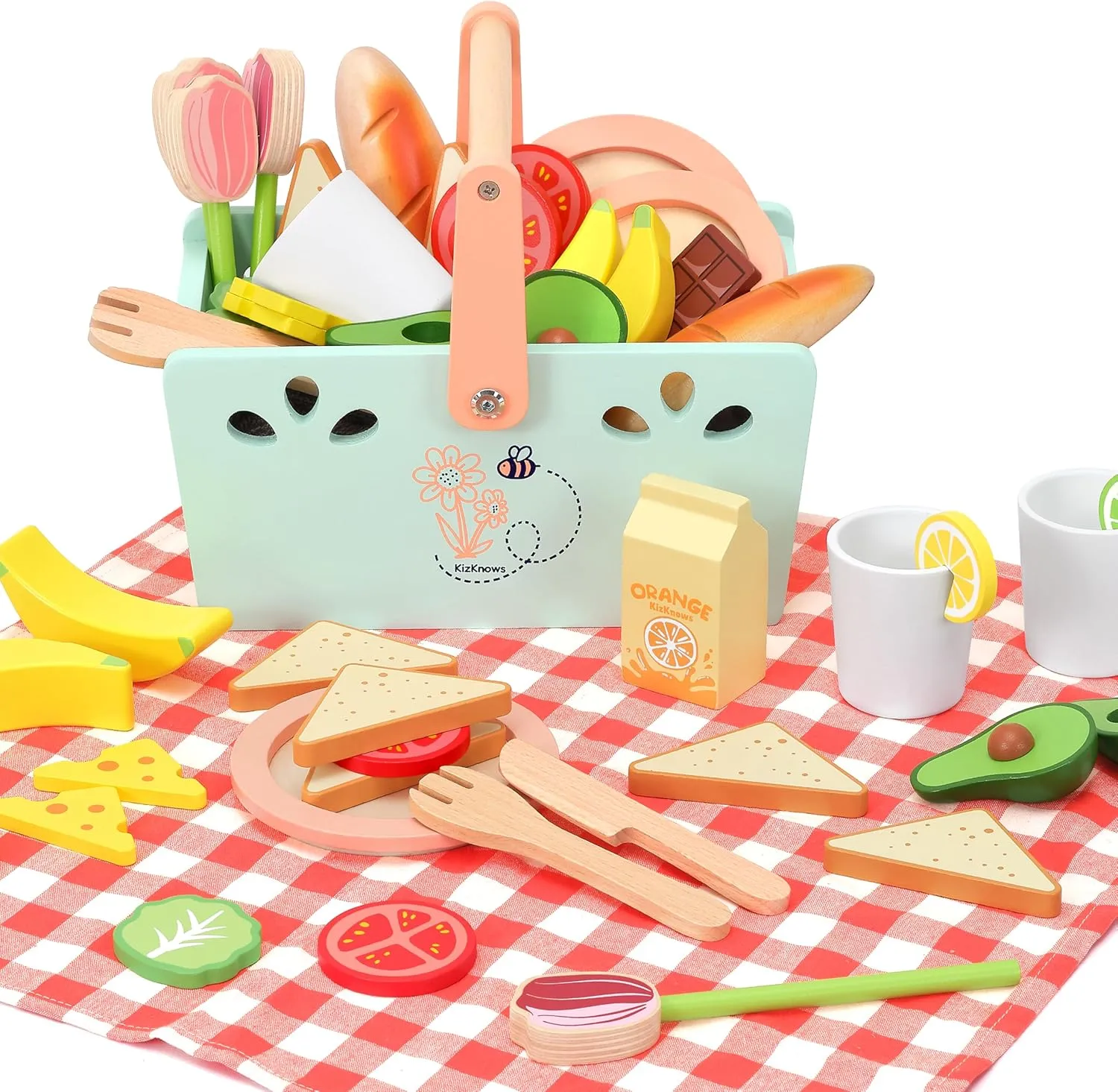 Wooden Toy Picnic Playset, 31 Pcs Wooden Play Food Sets Sandwich Stacking Toys for Kids Pretend Play Cutting Food Toys Toddlers Play Kitchen Accessories Gift for Girls Boys Age 3 