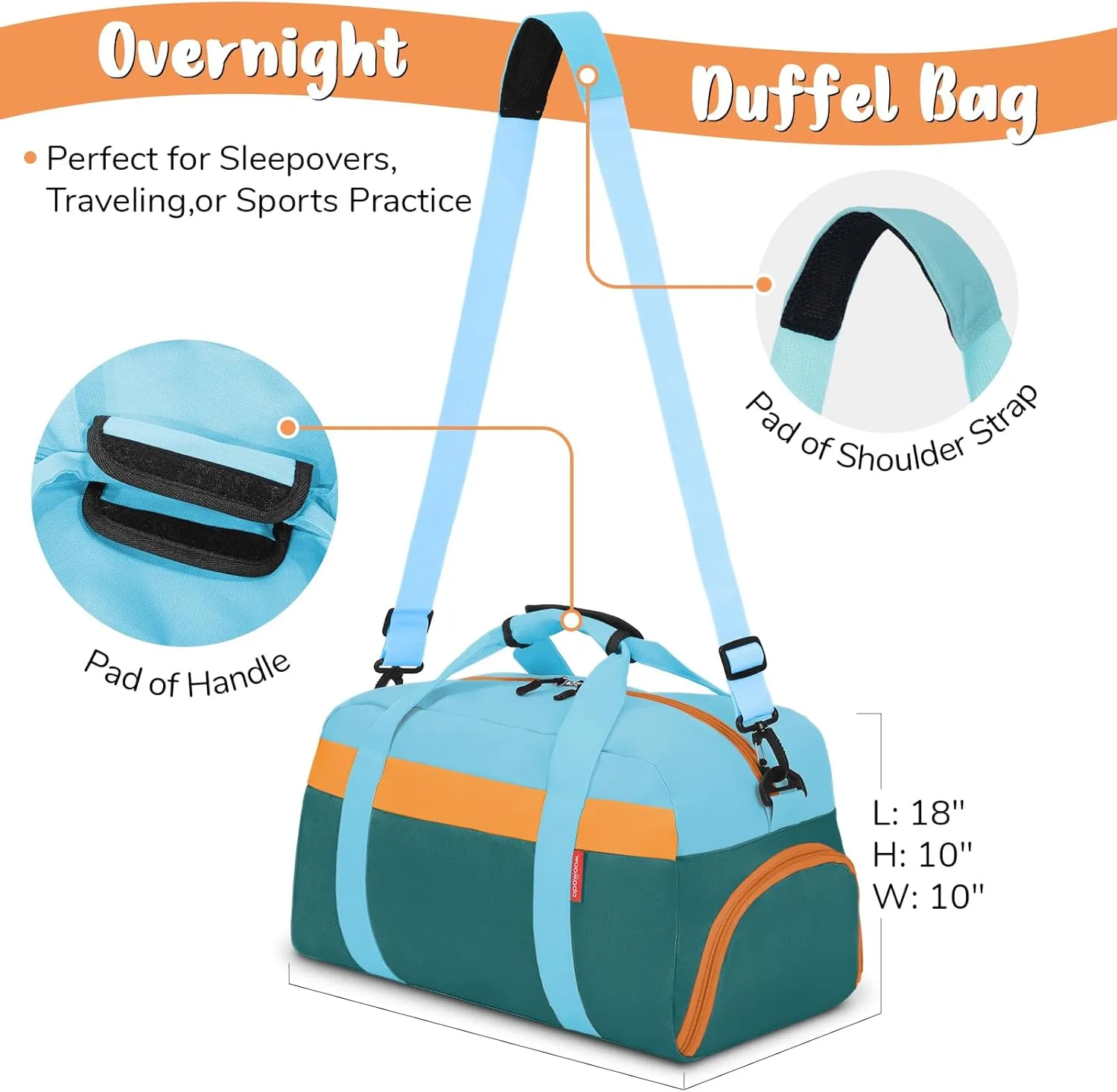 WOOMADA Kids Duffle Bag for Boys or Girls, Kids Overnight Bag with Shoe Compartment＆Wet Pocket, Ideal for School Practice, Sports, Travel(green blue)
