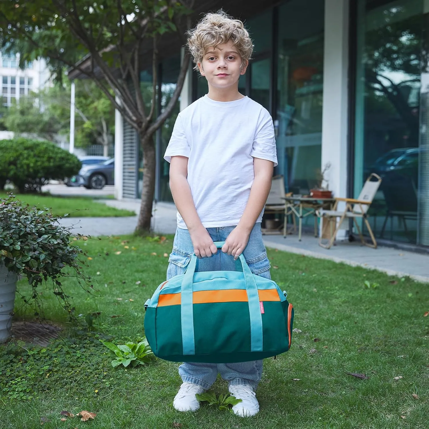 WOOMADA Kids Duffle Bag for Boys or Girls, Kids Overnight Bag with Shoe Compartment＆Wet Pocket, Ideal for School Practice, Sports, Travel(green blue)