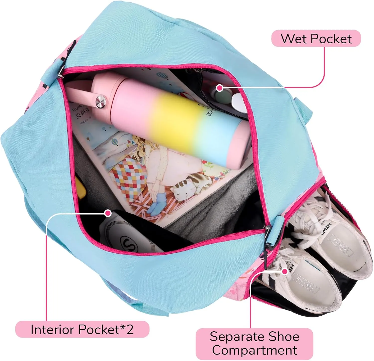 WOOMADA Kids Duffle Bag for Boys or Girls, Kids Overnight Bag with Shoe Compartment＆Wet Pocket, Ideal for School Practice, Sports, Travel(pink dog)