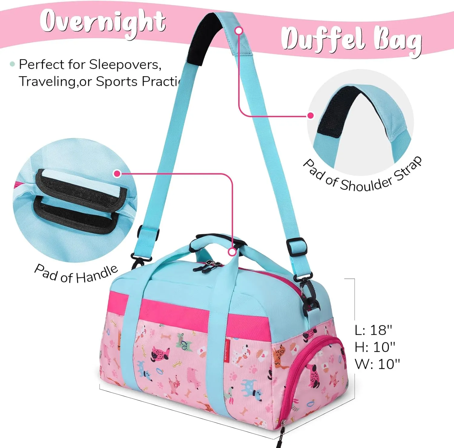 WOOMADA Kids Duffle Bag for Boys or Girls, Kids Overnight Bag with Shoe Compartment＆Wet Pocket, Ideal for School Practice, Sports, Travel(pink dog)