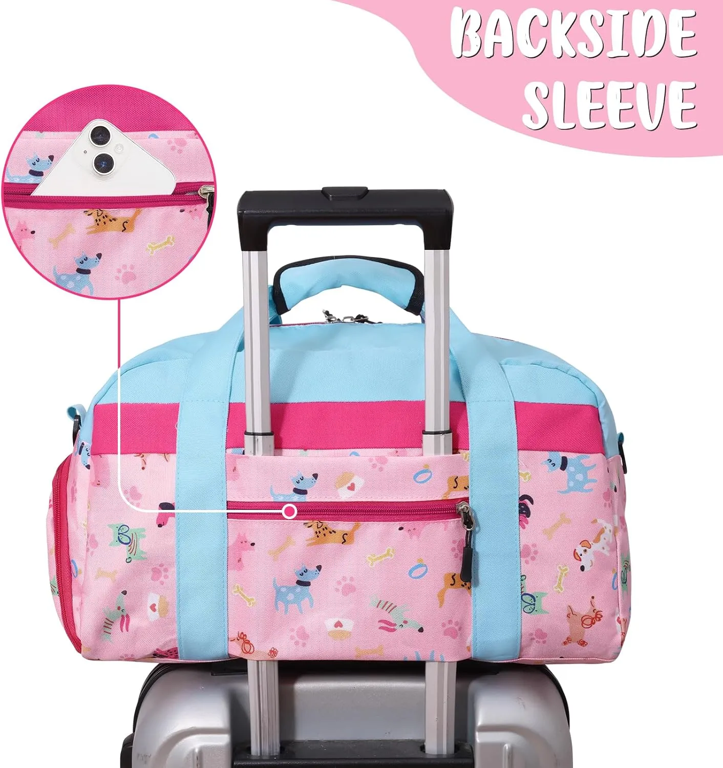 WOOMADA Kids Duffle Bag for Boys or Girls, Kids Overnight Bag with Shoe Compartment＆Wet Pocket, Ideal for School Practice, Sports, Travel(pink dog)