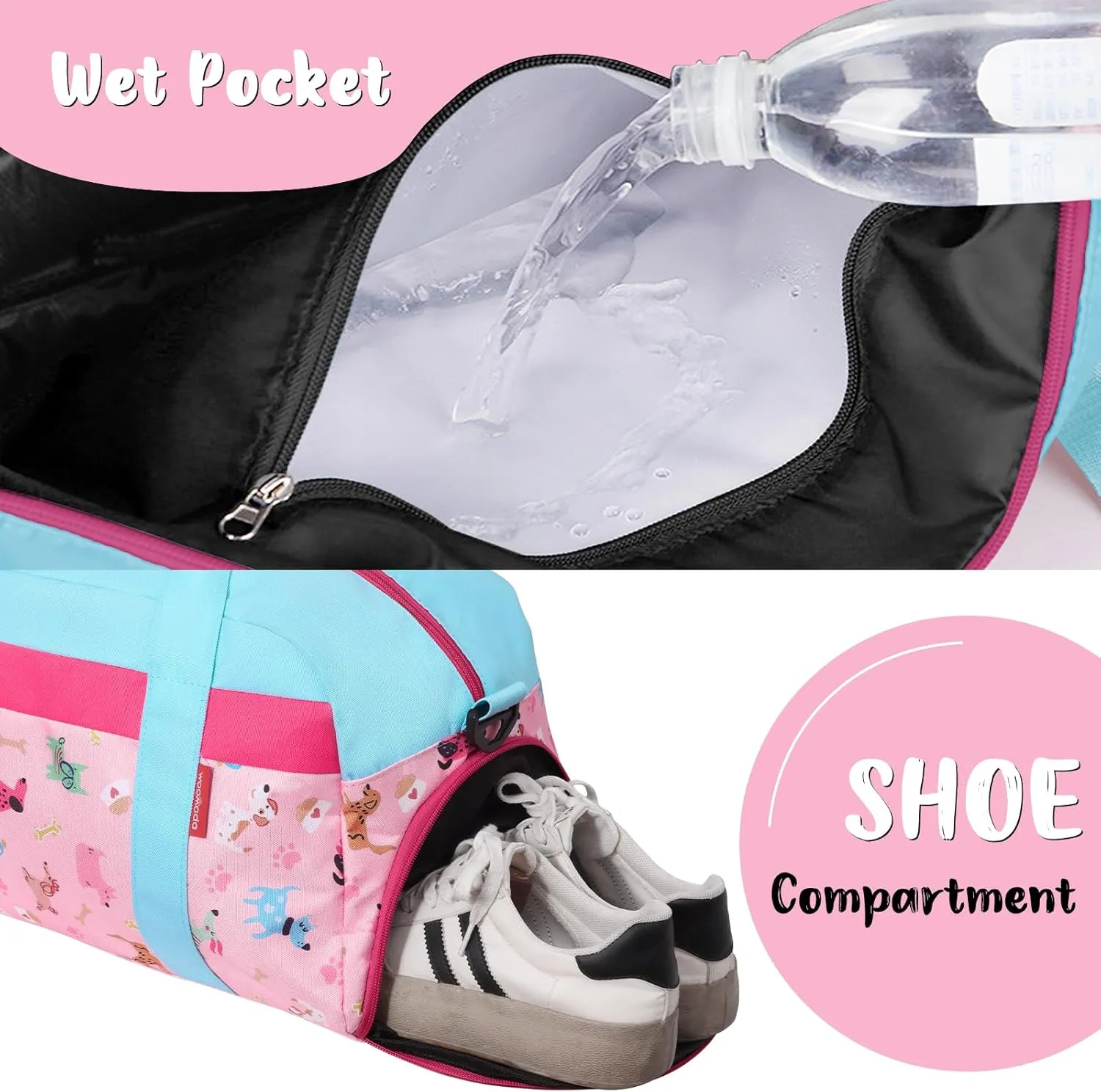 WOOMADA Kids Duffle Bag for Boys or Girls, Kids Overnight Bag with Shoe Compartment＆Wet Pocket, Ideal for School Practice, Sports, Travel(pink dog)