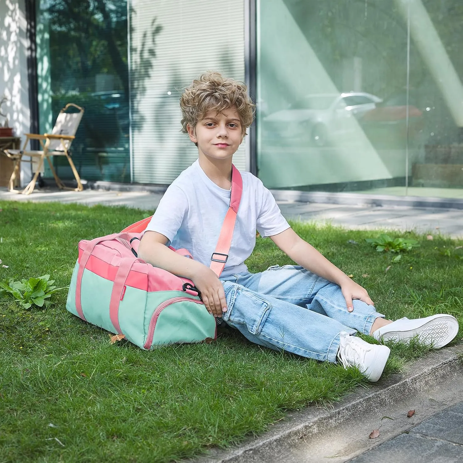 WOOMADA Kids Duffle Bag for Boys or Girls, Kids Overnight Bag with Shoe Compartment＆Wet Pocket, Ideal for School Practice, Sports, Travel(pink green)