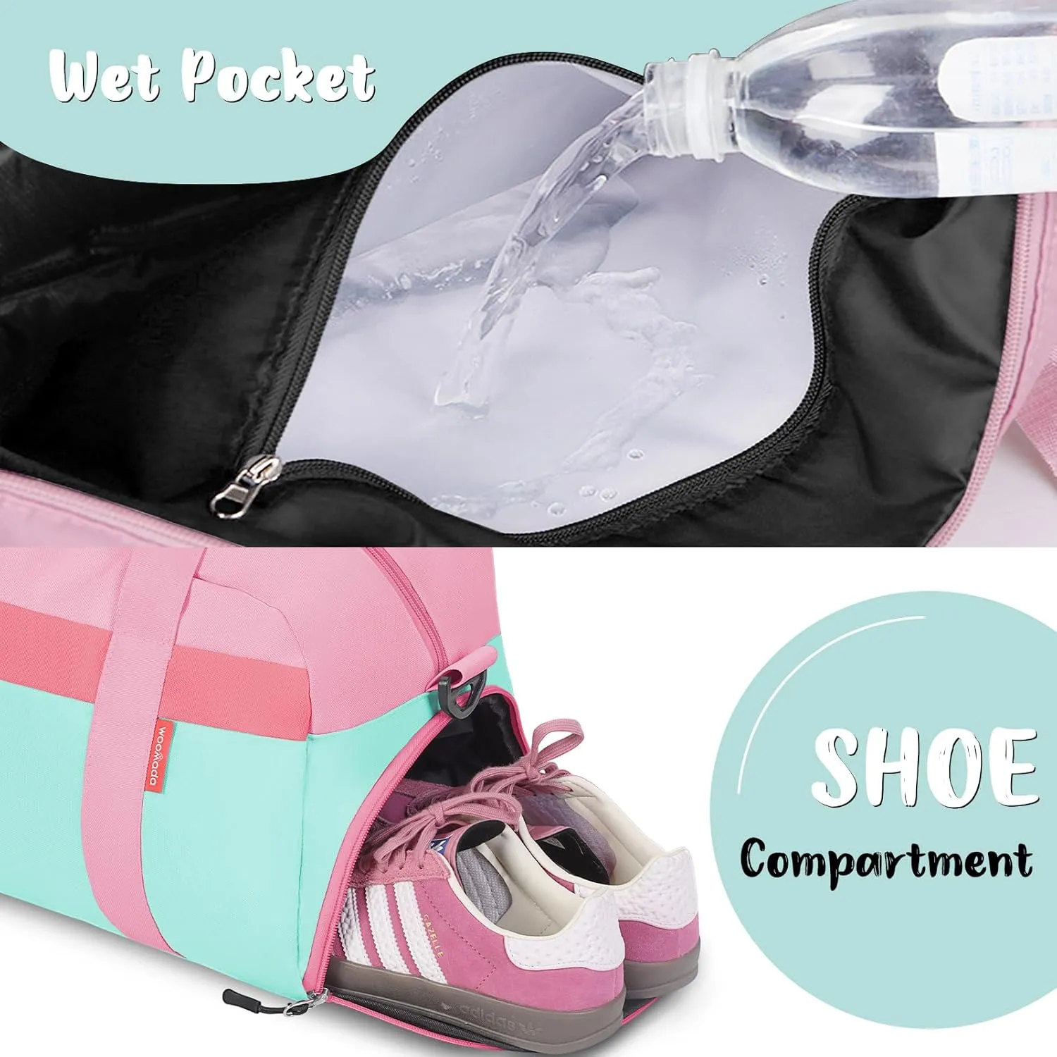 WOOMADA Kids Duffle Bag for Boys or Girls, Kids Overnight Bag with Shoe Compartment＆Wet Pocket, Ideal for School Practice, Sports, Travel(pink green)