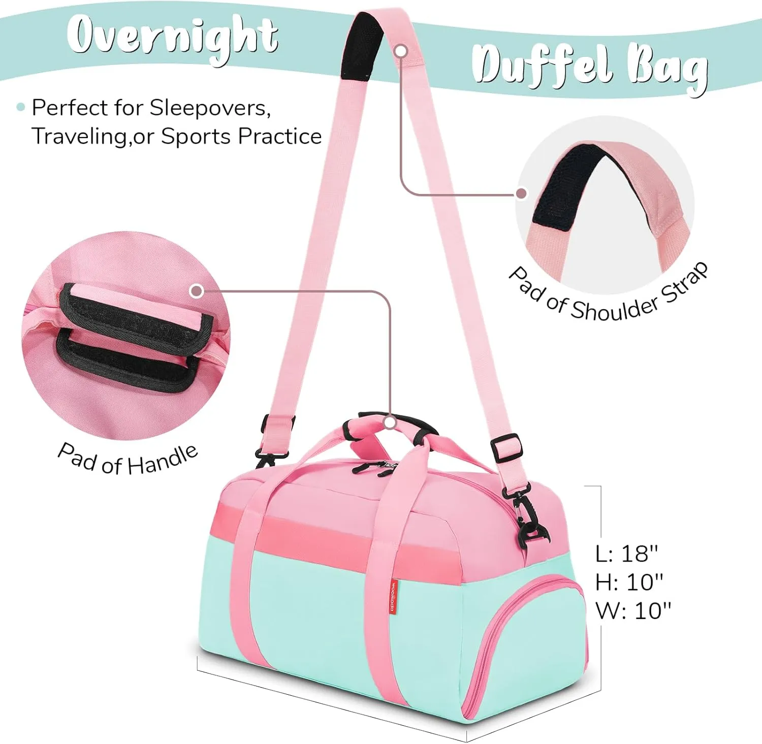 WOOMADA Kids Duffle Bag for Boys or Girls, Kids Overnight Bag with Shoe Compartment＆Wet Pocket, Ideal for School Practice, Sports, Travel(pink green)