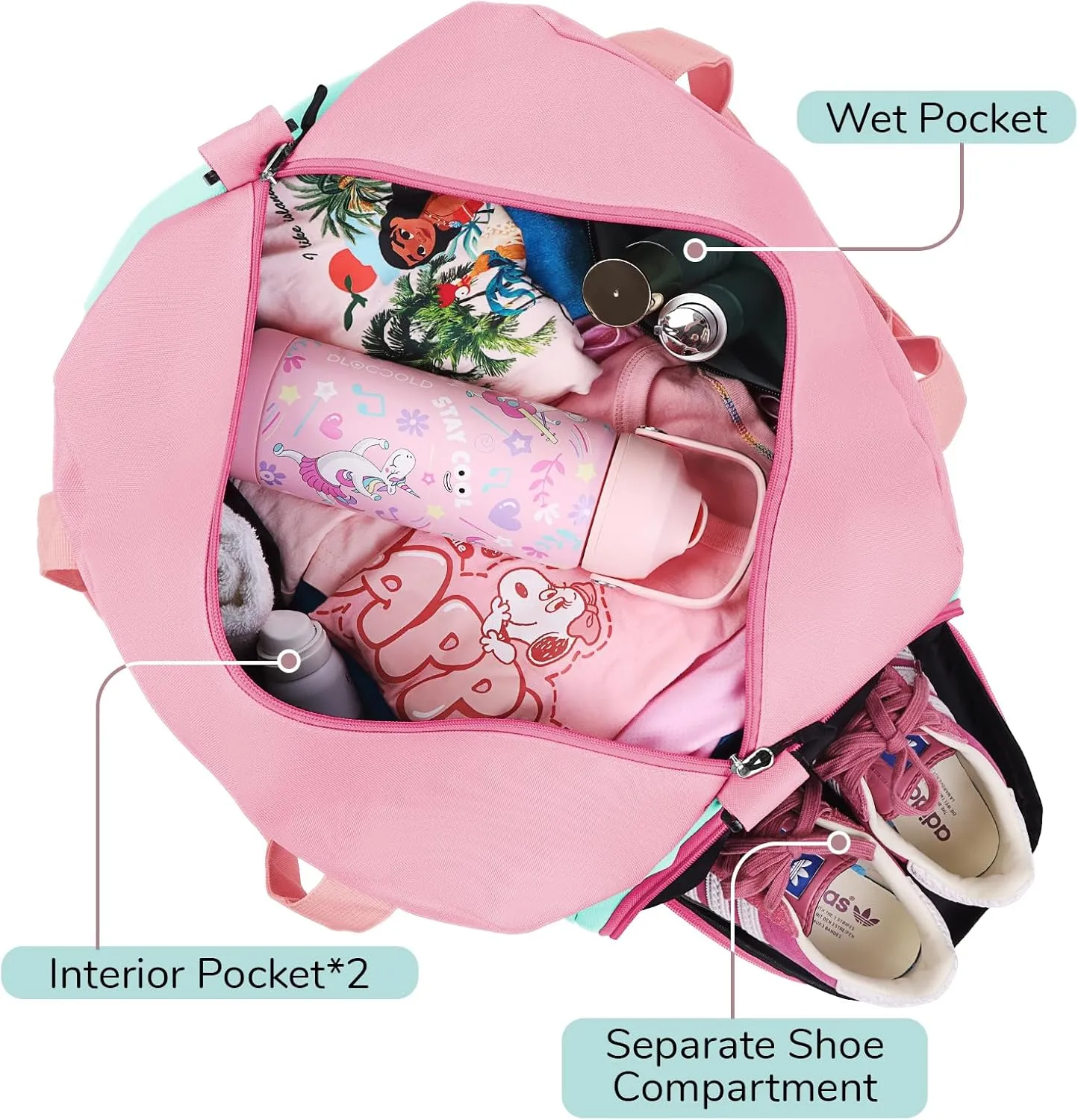 WOOMADA Kids Duffle Bag for Boys or Girls, Kids Overnight Bag with Shoe Compartment＆Wet Pocket, Ideal for School Practice, Sports, Travel(pink green)
