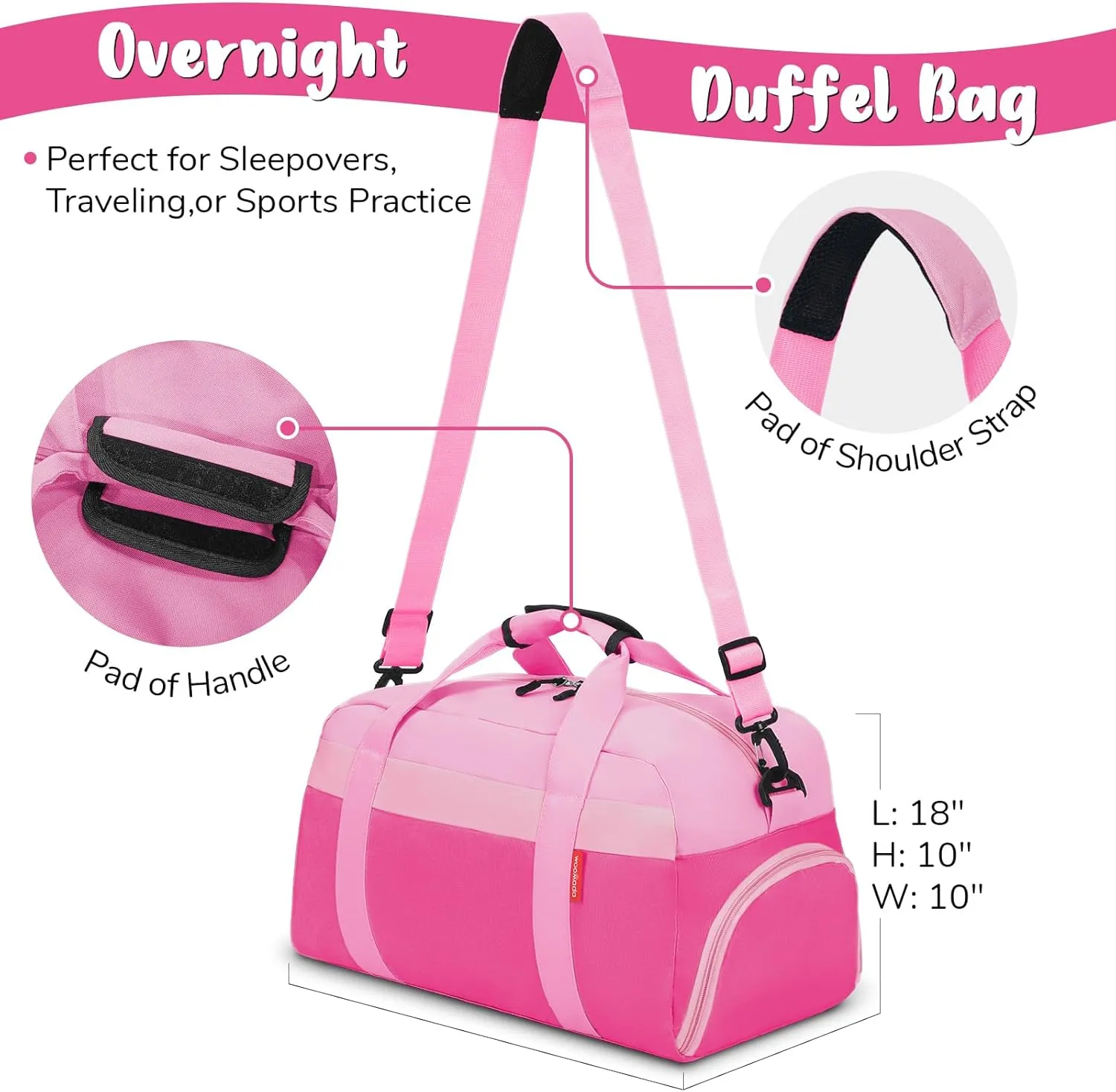WOOMADA Kids Duffle Bag for Boys or Girls, Kids Overnight Bag with Shoe Compartment＆Wet Pocket, Ideal for School Practice, Sports, Travel(pink)