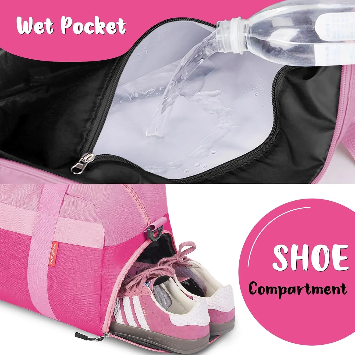 WOOMADA Kids Duffle Bag for Boys or Girls, Kids Overnight Bag with Shoe Compartment＆Wet Pocket, Ideal for School Practice, Sports, Travel(pink)