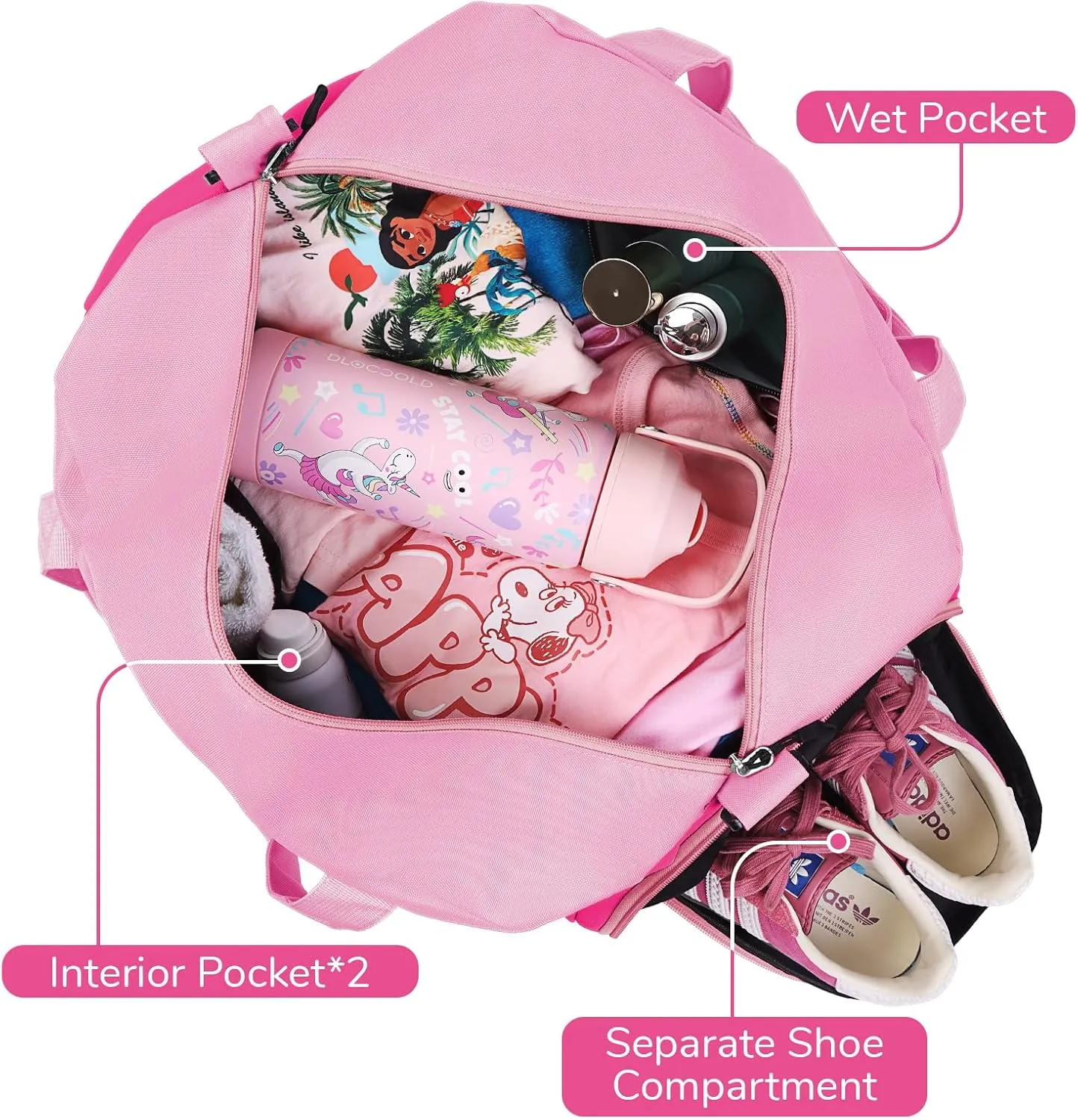 WOOMADA Kids Duffle Bag for Boys or Girls, Kids Overnight Bag with Shoe Compartment＆Wet Pocket, Ideal for School Practice, Sports, Travel(pink)