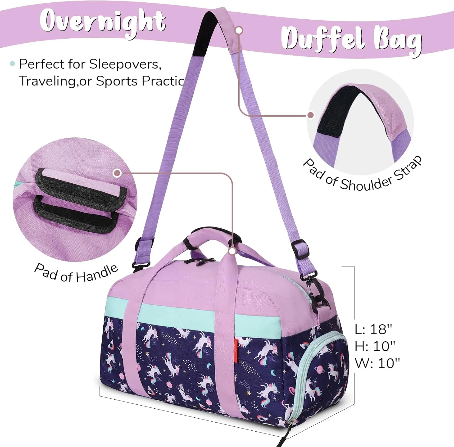WOOMADA Kids Duffle Bag for Boys or Girls, Kids Overnight Bag with Shoe Compartment＆Wet Pocket, Ideal for School Practice, Sports, Travel(purple unicorn)