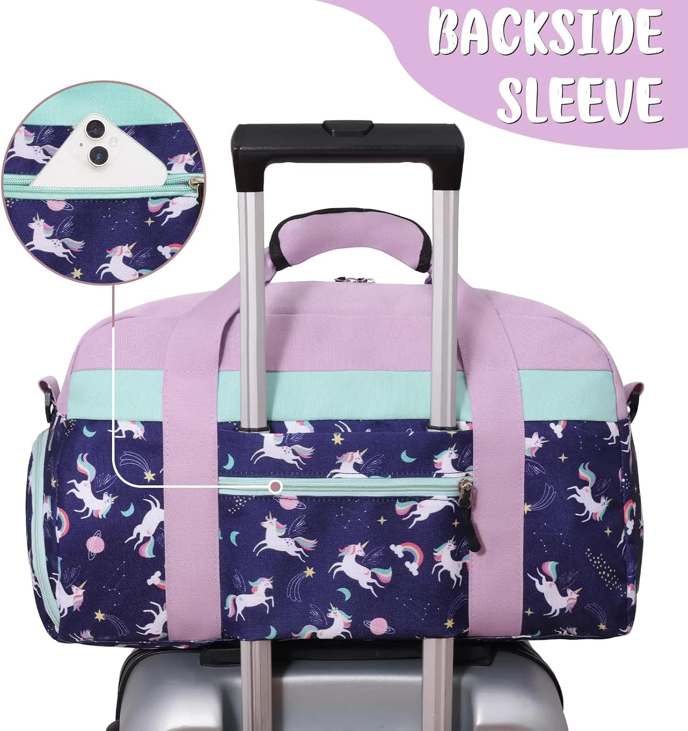 WOOMADA Kids Duffle Bag for Boys or Girls, Kids Overnight Bag with Shoe Compartment＆Wet Pocket, Ideal for School Practice, Sports, Travel(purple unicorn)