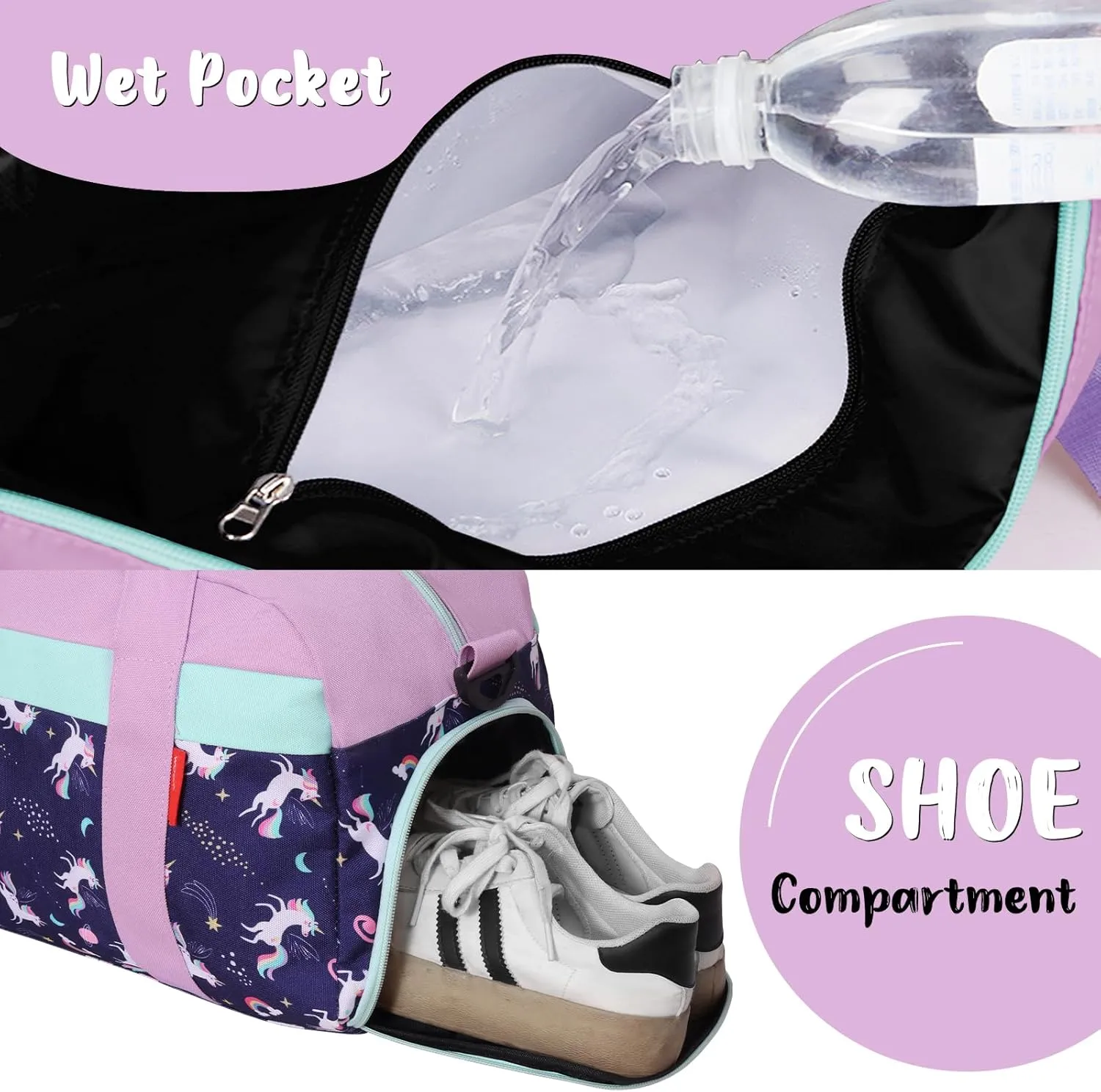 WOOMADA Kids Duffle Bag for Boys or Girls, Kids Overnight Bag with Shoe Compartment＆Wet Pocket, Ideal for School Practice, Sports, Travel(purple unicorn)