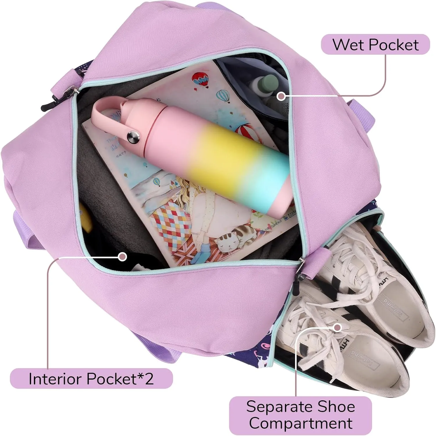WOOMADA Kids Duffle Bag for Boys or Girls, Kids Overnight Bag with Shoe Compartment＆Wet Pocket, Ideal for School Practice, Sports, Travel(purple unicorn)